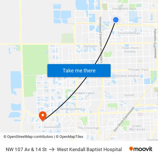 NW 107 Av & 14 St to West Kendall Baptist Hospital map