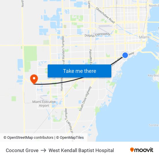 Coconut Grove to West Kendall Baptist Hospital map