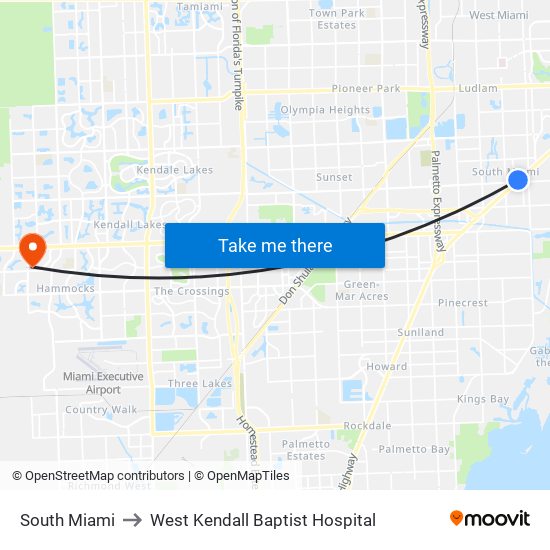 South Miami to West Kendall Baptist Hospital map