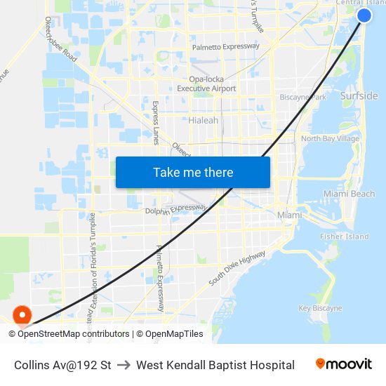 Collins Av@192 St to West Kendall Baptist Hospital map