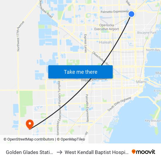 Golden Glades Station to West Kendall Baptist Hospital map