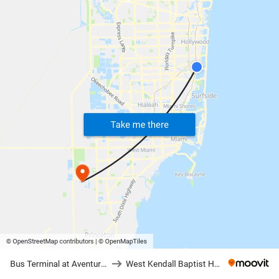 Bus Terminal at Aventura Mall to West Kendall Baptist Hospital map