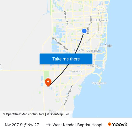 Nw 207 St@Nw 27 Av to West Kendall Baptist Hospital map