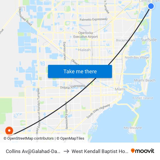 Collins Av@Galahad-Dade Bd to West Kendall Baptist Hospital map