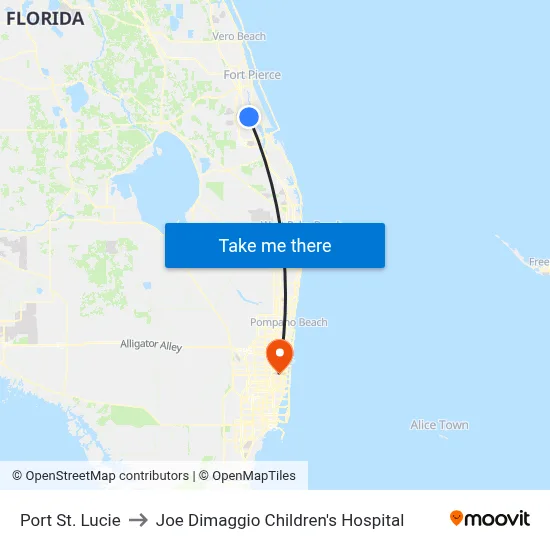 Port St. Lucie to Joe Dimaggio Children's Hospital map