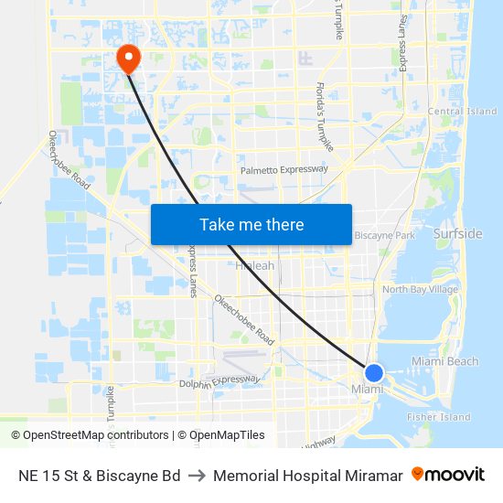 NE 15 St & Biscayne Bd to Memorial Hospital Miramar map