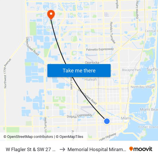 W Flagler St & SW 27 Av to Memorial Hospital Miramar map