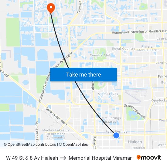 W 49 St & 8 Av Hialeah to Memorial Hospital Miramar map