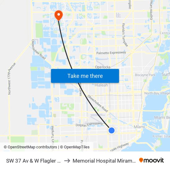 SW 37 Av & W Flagler St to Memorial Hospital Miramar map