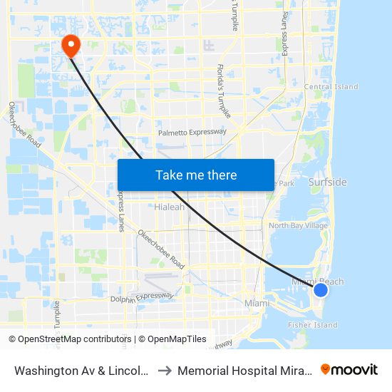 Washington Av & Lincoln Rd to Memorial Hospital Miramar map