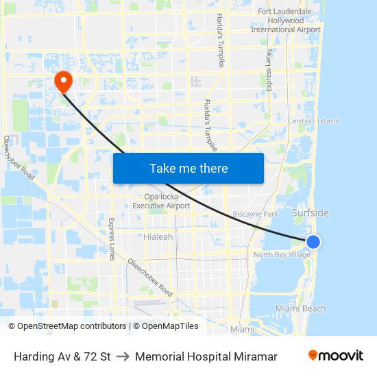 Harding Av & 72 St to Memorial Hospital Miramar map