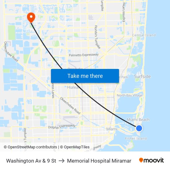 Washington Av & 9 St to Memorial Hospital Miramar map