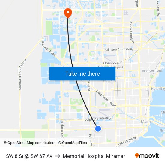 SW 8 St @ SW 67 Av to Memorial Hospital Miramar map