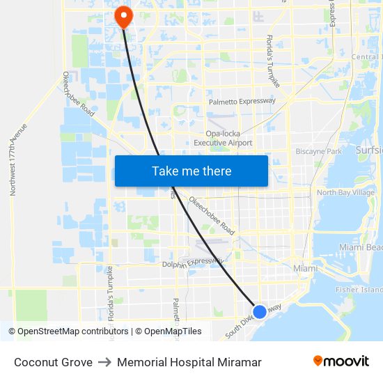 Coconut Grove to Memorial Hospital Miramar map