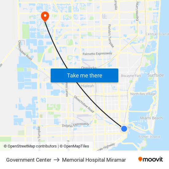 Government Center to Memorial Hospital Miramar map