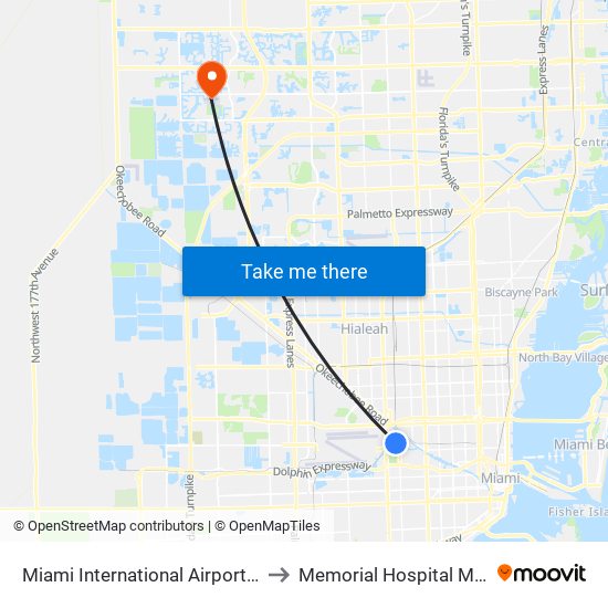 Miami International Airport Station to Memorial Hospital Miramar map