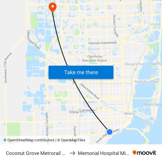 Coconut Grove Metrorail Station to Memorial Hospital Miramar map