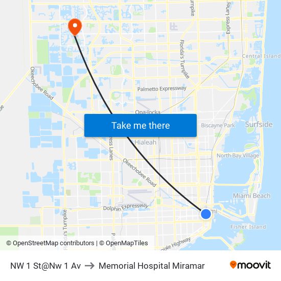 NW 1 St@Nw 1 Av to Memorial Hospital Miramar map