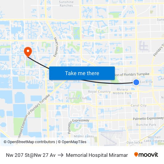 Nw 207 St@Nw 27 Av to Memorial Hospital Miramar map