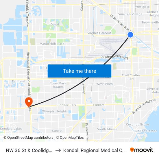 NW 36 St & Coolidge Dr to Kendall Regional Medical Center map