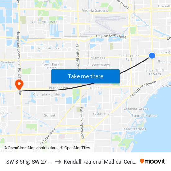 SW 8 St @ SW 27 Av to Kendall Regional Medical Center map