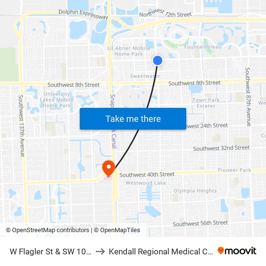 W Flagler St & SW 107 Av to Kendall Regional Medical Center map