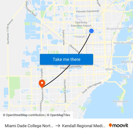 Miami Dade College North Campus to Kendall Regional Medical Center map