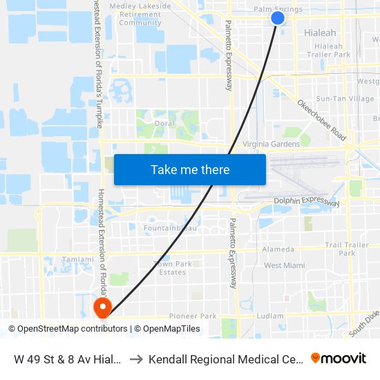 W 49 St & 8 Av Hialeah to Kendall Regional Medical Center map