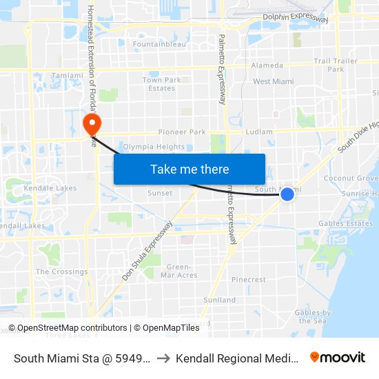 South Miami Sta @ 5949 SW 72 St to Kendall Regional Medical Center map