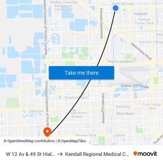 W 12 Av & 49 St Hialeah to Kendall Regional Medical Center map