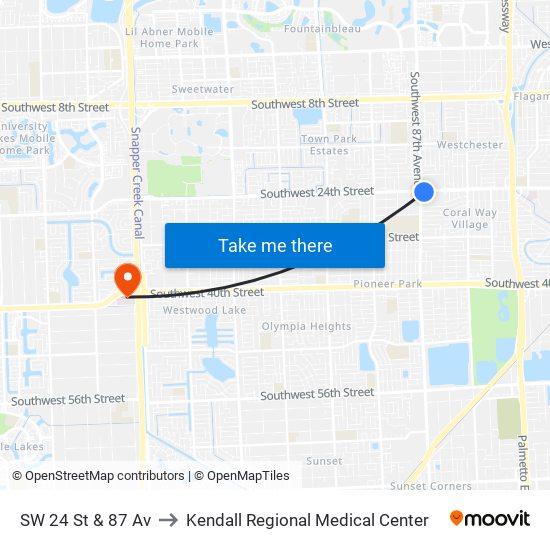 SW 24 St & 87 Av to Kendall Regional Medical Center map