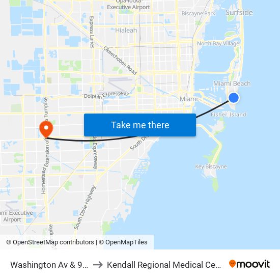 Washington Av & 9 St to Kendall Regional Medical Center map