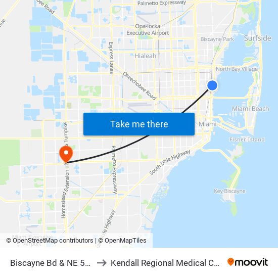 Biscayne Bd & NE 54 St to Kendall Regional Medical Center map