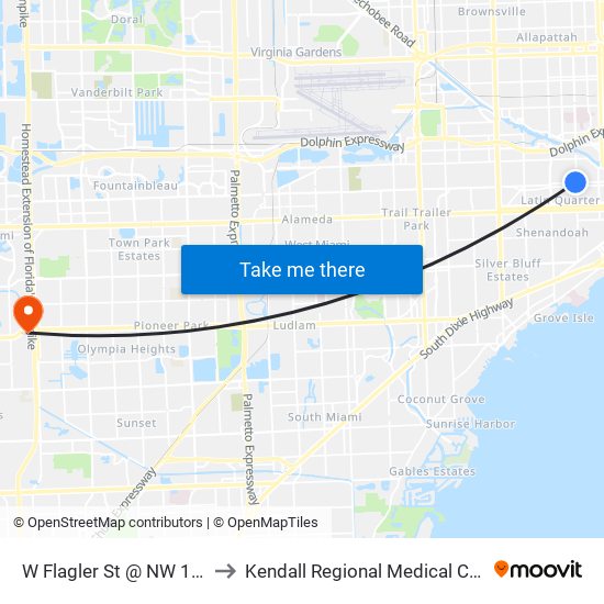 W Flagler St @ NW 12 Av to Kendall Regional Medical Center map