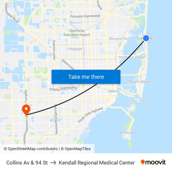 Collins Av & 94 St to Kendall Regional Medical Center map