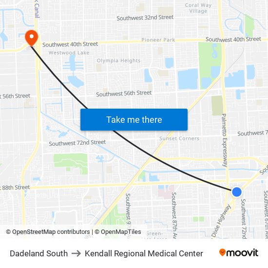 Dadeland South to Kendall Regional Medical Center map