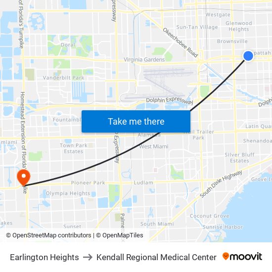 Earlington Heights to Kendall Regional Medical Center map