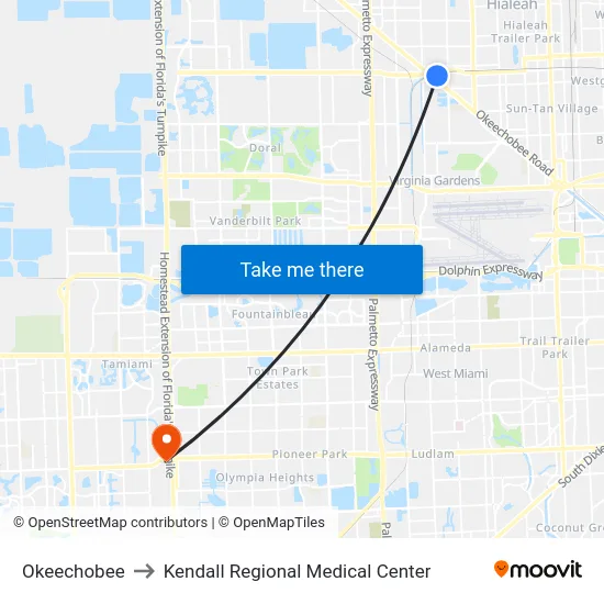 Okeechobee to Kendall Regional Medical Center map