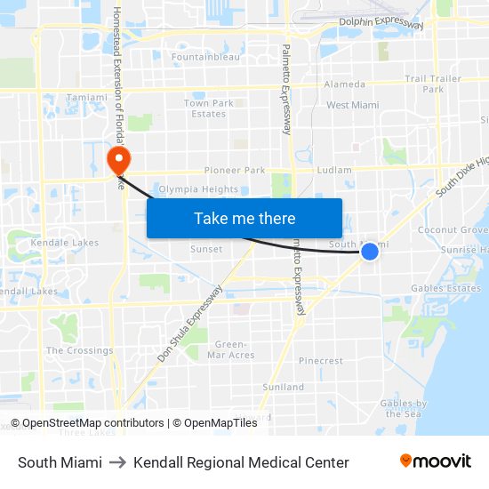 South Miami to Kendall Regional Medical Center map