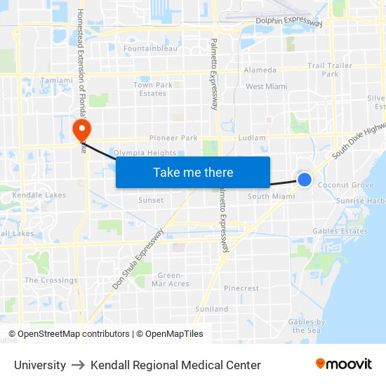 University to Kendall Regional Medical Center map