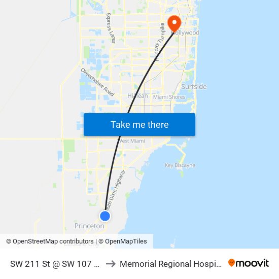 SW 211 St @ SW 107 Av to Memorial Regional Hospital map