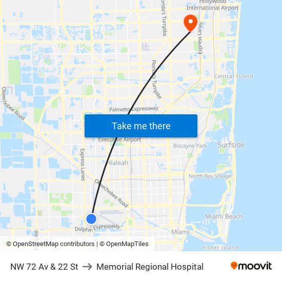 NW 72 Av & 22 St to Memorial Regional Hospital map