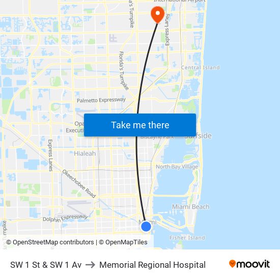 SW 1 St & SW 1 Av to Memorial Regional Hospital map