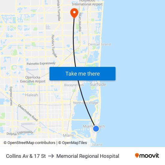 Collins Av & 17 St to Memorial Regional Hospital map