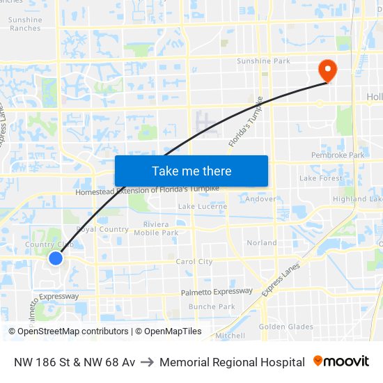 NW 186 St & NW 68 Av to Memorial Regional Hospital map