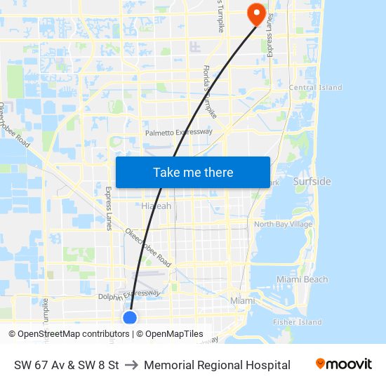 SW 67 Av & SW 8 St to Memorial Regional Hospital map