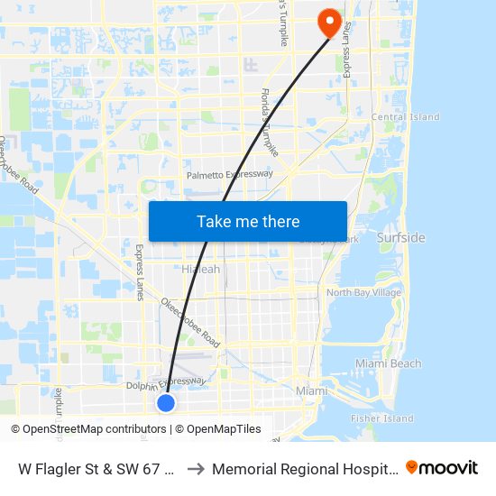 W Flagler St & SW 67 Av to Memorial Regional Hospital map