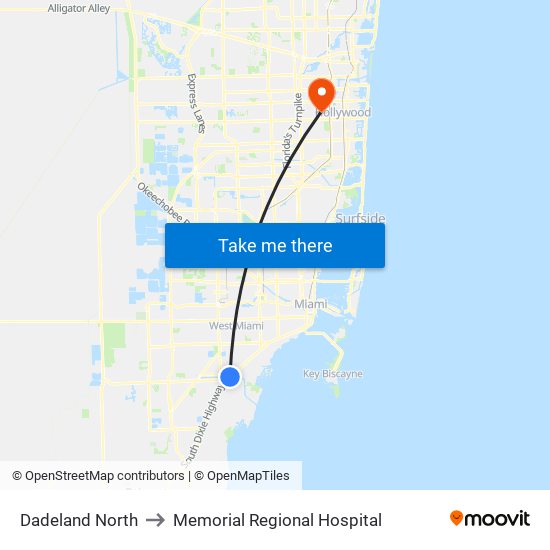 Dadeland North to Memorial Regional Hospital map