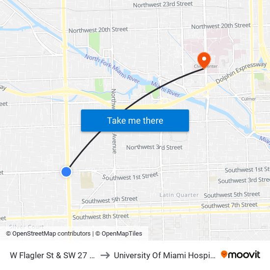 W Flagler St & SW 27 Av to University Of Miami Hospital map