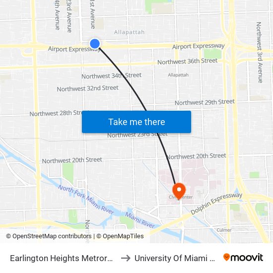 Earlington Heights Metrorail Station to University Of Miami Hospital map